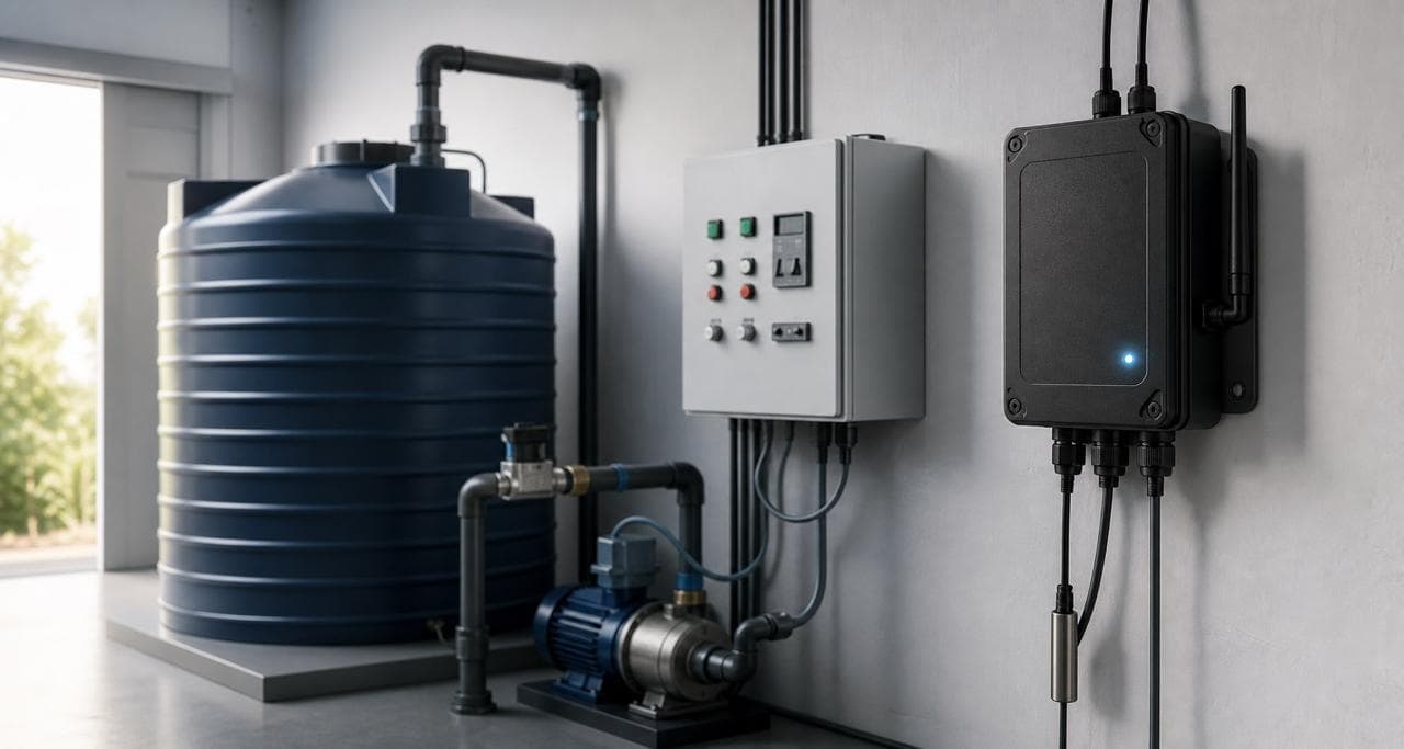AquaOps water tank, pump, control panel, and IoT monitoring sensor in a real facility setting