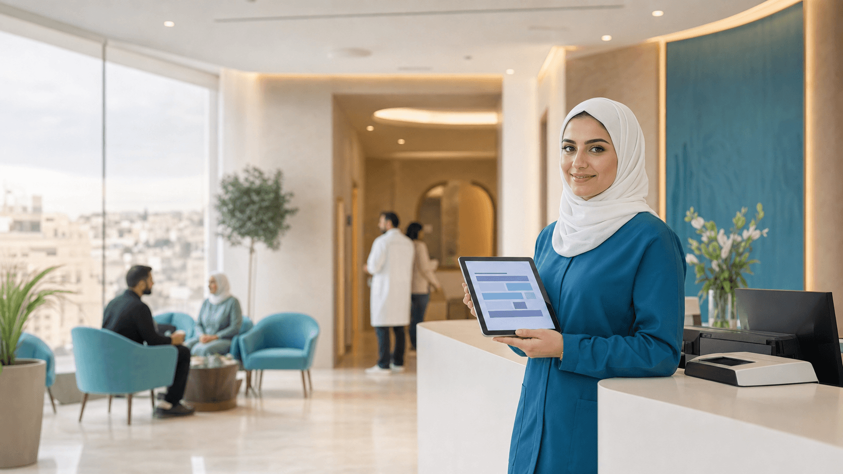 ClinicQueue patient flow platform — clinic waiting area with digital queue display and patients