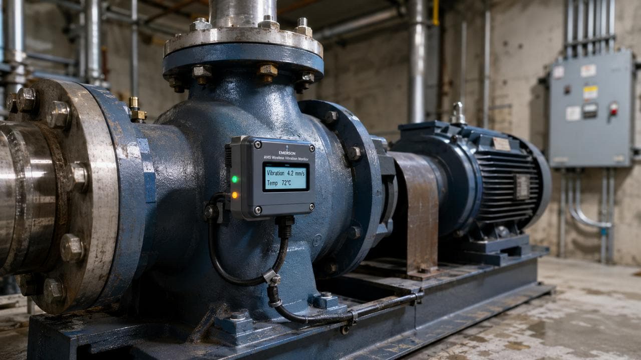 EquiPulse industrial pump with IoT vibration and temperature sensor — realistic factory equipment room photo
