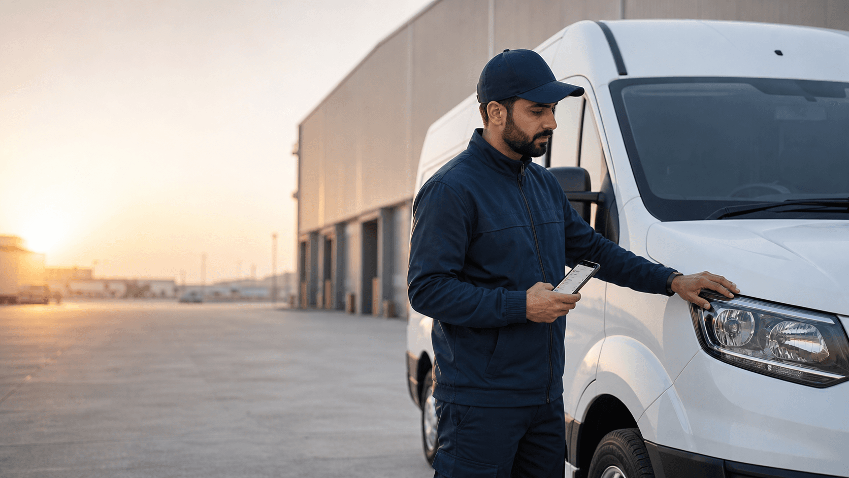 FleetCheck vehicle inspection platform — driver holding phone with defect report checklist next to a commercial truck