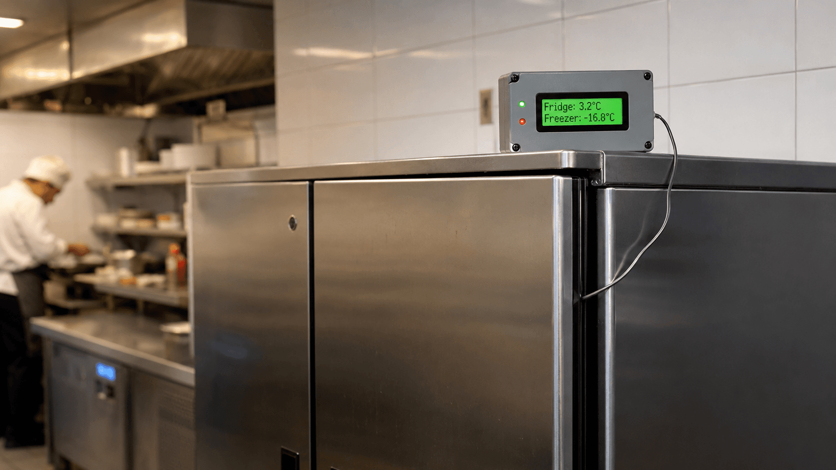 FoodSafe commercial refrigerator in a restaurant kitchen with a real-time IoT temperature monitoring display