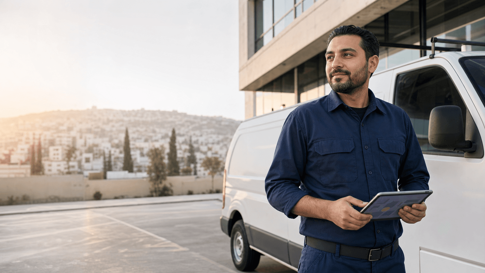 FieldFlow field service platform — technician holding tablet with dispatch dashboard