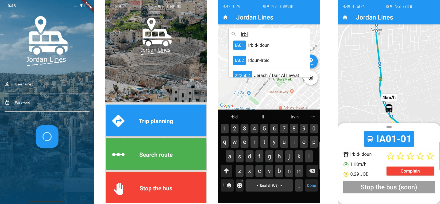 Jordan Lines mobile application screens for route search and journey planning